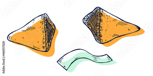 Vector hand drawn chinese fortune cookies isolated on white backgrounds. Colorful food illustration. Crisp cookie with a blank piece of paper inside. For print, web, design, decor.