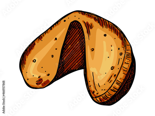 Vector hand drawn chinese fortune cookies isolated on white backgrounds. Colorful food illustration. Crisp cookie with a blank piece of paper inside. For print, web, design, decor.