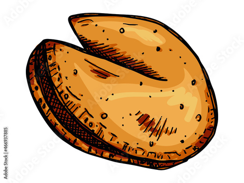 Vector hand drawn chinese fortune cookies isolated on white backgrounds. Colorful food illustration. Crisp cookie with a blank piece of paper inside. For print, web, design, decor.