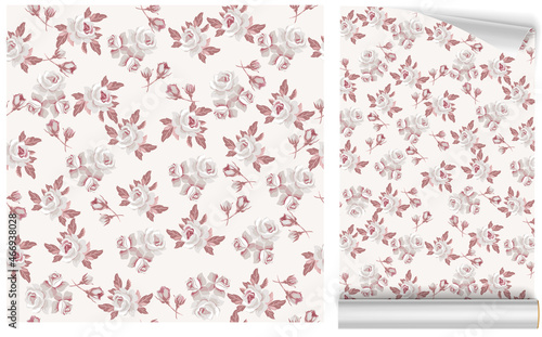 Seamless vector vintage floral pattern for gift wrap, fabric, cover and interior design with flowers. And example of usage with mock up pattern. Retro style flowers