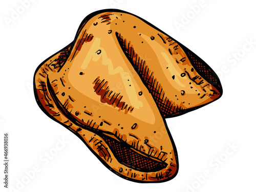 Vector hand drawn chinese fortune cookies isolated on white backgrounds. Colorful food illustration. Crisp cookie with a blank piece of paper inside. For print, web, design, decor.