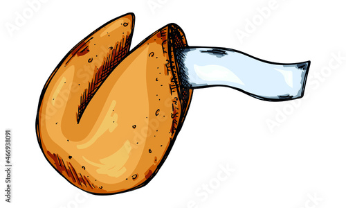 Vector hand drawn chinese fortune cookies isolated on white backgrounds. Colorful food illustration. Crisp cookie with a blank piece of paper inside. For print, web, design, decor.