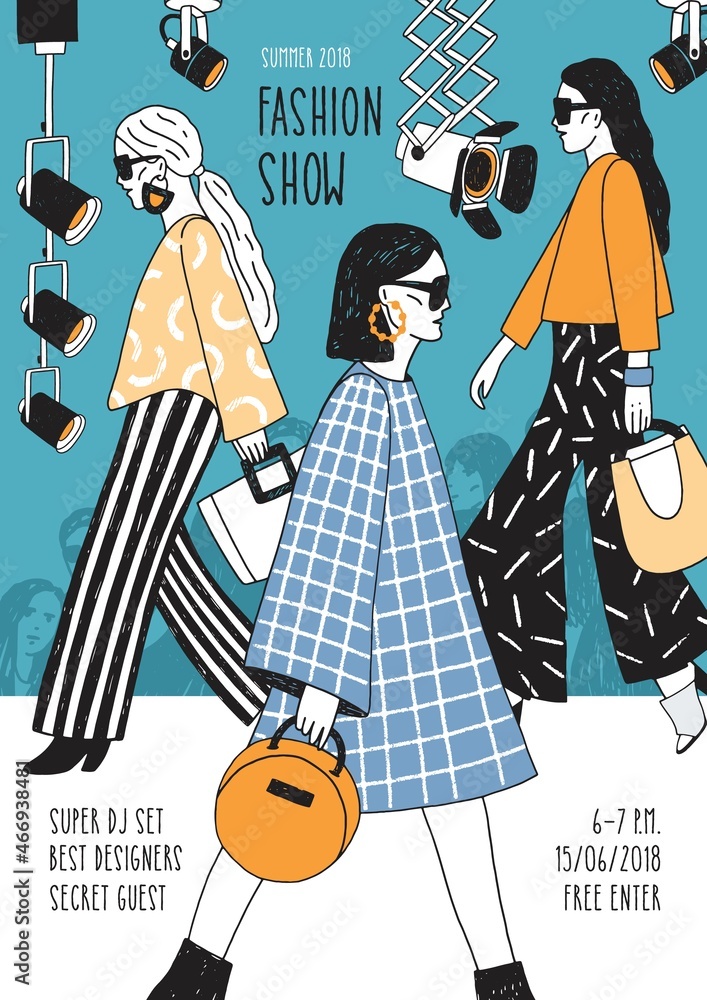 Colorful flyer or poster template for fashion show with top models wearing seasonal clothes walking along runway or doing catwalk. Hand drawn vector illustration for event promotion, advertisement. - obrazy, fototapety, plakaty 