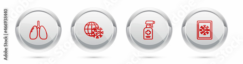 Set line Lungs, Earth globe with virus, Liquid antibacterial soap and Virus statistics on monitor. Silver circle button. Vector