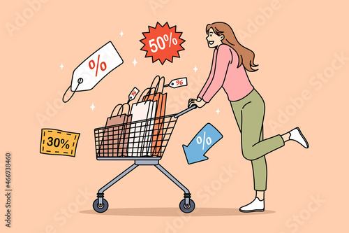 Sales during shopping and purchase concept. Happy young woman cartoon character rolling shopping bag full of discount purchases shopping vector illustration 