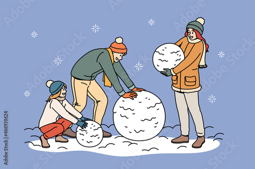 Leisure winter activities for family concept. Happy family with daughter wearing warm clothes rolling snowballs having fun together vector illustration 