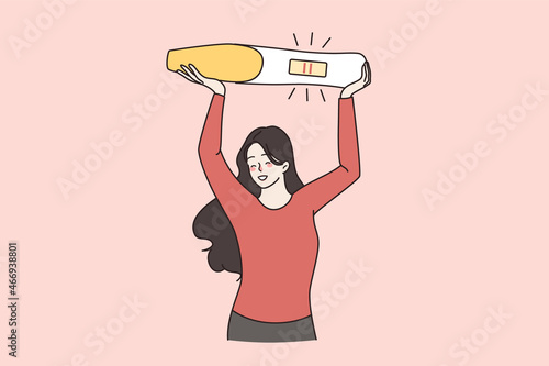 Smiling young woman hold huge pregnancy test excited with future maternity. Happy female overjoyed with being pregnant. IVF treatment, two stripes, fertilization concept. Flat vector illustration. 