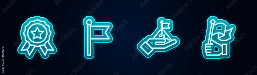 Set line Medal, Flag, Mountains with flag and Hand holding. Glowing neon icon. Vector Set line Medal, Flag, Mountains with flag and Hand holding. Glowing neon icon. Vector