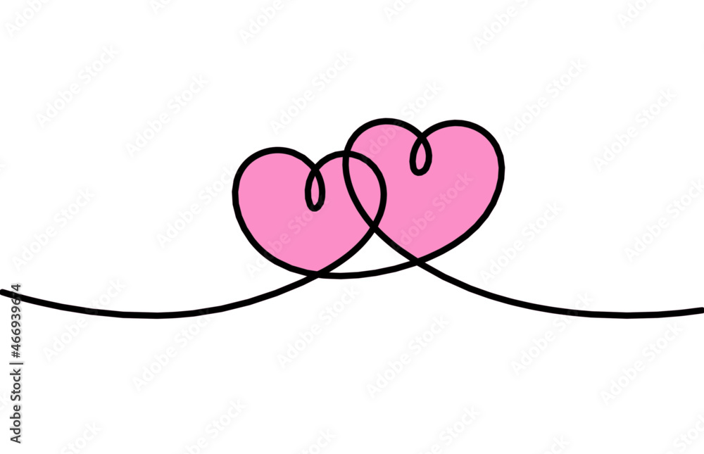 Abstract color hearts as continuous line drawing on white as background. Vector