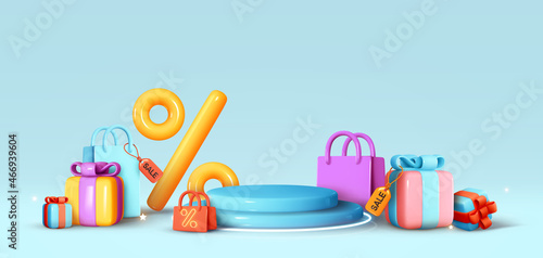 Christmas and New Year Sale. Realistic 3d design stage podium, round studio. Gift boxes, shopping bags. Decorative festive elements, present box surprise. Xmas blue background. Vector illustration