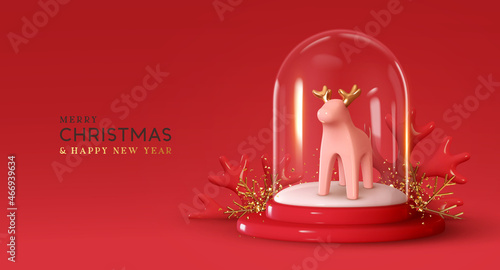 Christmas Holiday. Under Magic glass Dome Ceramic deer figurine with white snowball, gold metal snowflakes. Festive new year realistic 3d design composition. Xmas red background. Vector illustration