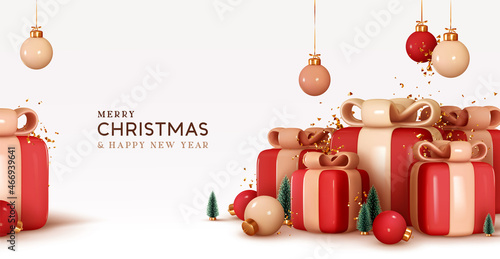 Merry Christmas and Happy New Year background. Pile of red gift boxes with beige bow, handing decorative balls bauble, green pine trees. Holiday banner, web poster, greeting card. vector illustration