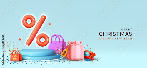 Christmas and New Year Sale. Realistic 3d design stage podium, round studio. Gift boxes, shopping bags. Decorative festive elements, present box surprise. Xmas blue background. Vector illustration