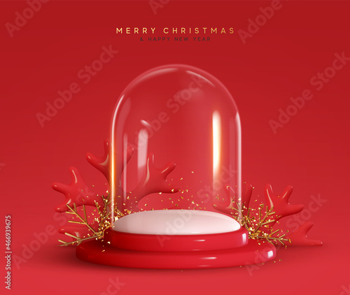 Christmas magic glass dome with white snowball, blank template. Festive New year realistic 3d design. Xmas Mack up Crystal ball. Red background. Vector illustration