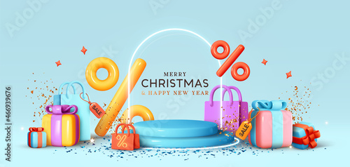 Christmas and New Year Sale. Realistic 3d design stage podium, round studio. Gift boxes, shopping bags. Decorative festive elements, present box surprise. Xmas blue background. Vector illustration