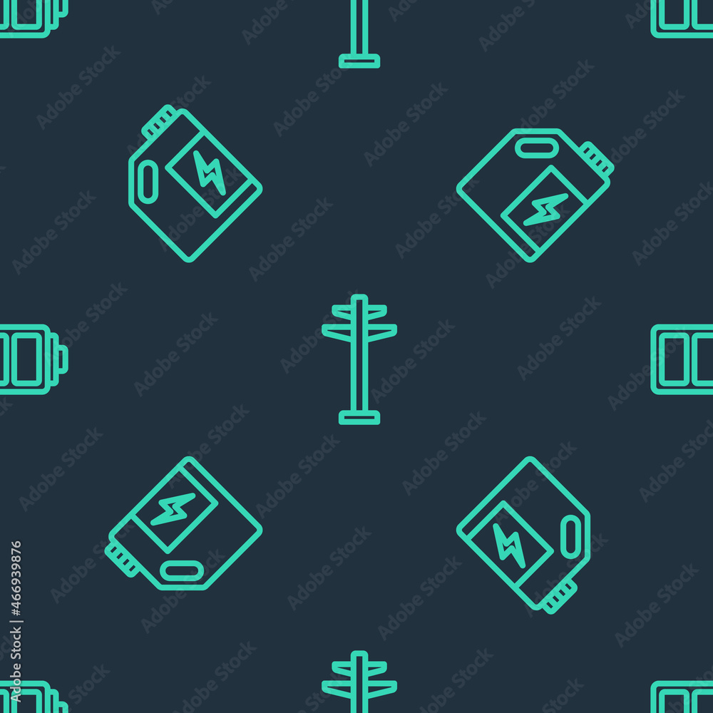 Set line Electric tower, Eco fuel canister and Battery on seamless pattern. Vector Set line Electric tower, Eco fuel canister and Battery on seamless pattern. Vector
