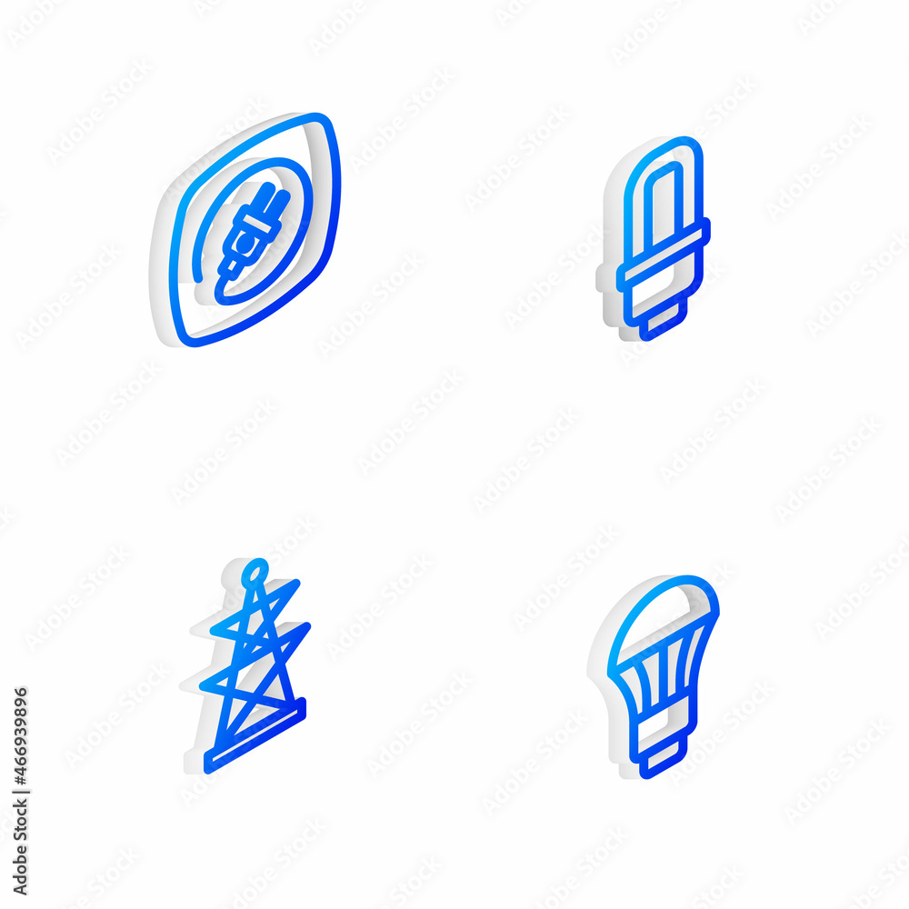 Set Isometric line LED light bulb, Electric plug, tower and icon. Vector Set Isometric line LED light bulb, Electric plug, tower and icon. Vector