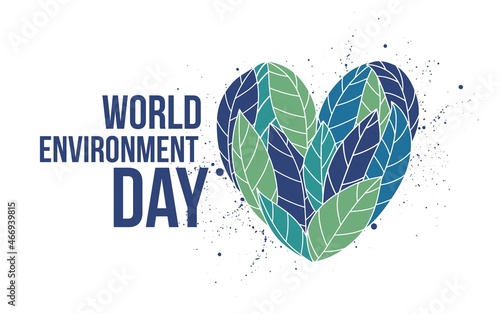 Heart made of blue and green leaves and World Environment Day lettering written with elegant calligraphic font. Ecology, ecological and environmental problem solving. Colored vector illustration.