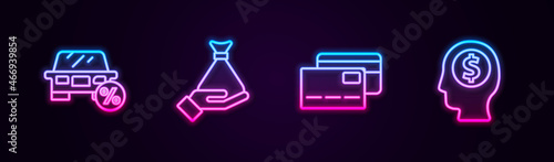 Set line Car leasing percent, Money hand, Credit card and Business man planning mind. Glowing neon icon. Vector