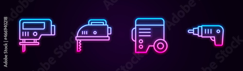 Set line Electric jigsaw, , Power electric generator and cordless screwdriver. Glowing neon icon. Vector