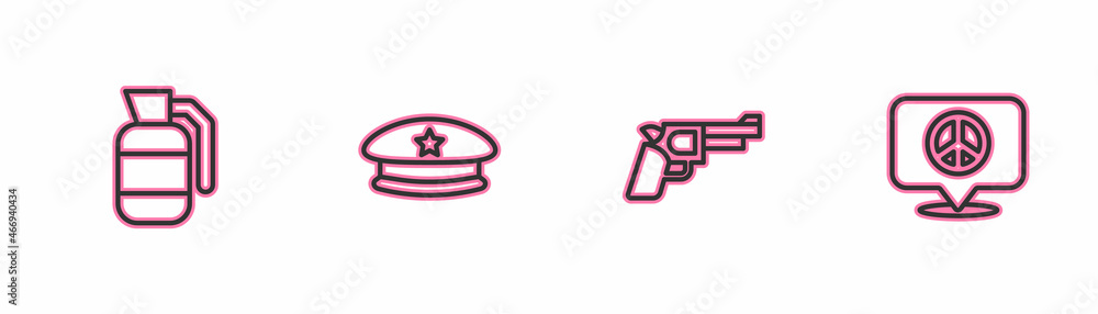 Set line Hand grenade, Pistol or gun, Military beret and Location peace icon. Vector Set line Hand grenade, Pistol or gun, Military beret and Location peace icon. Vector