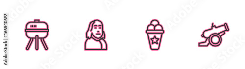 Set line Barbecue grill, Ice cream in waffle cone, Benjamin Franklin and Cannon icon. Vector