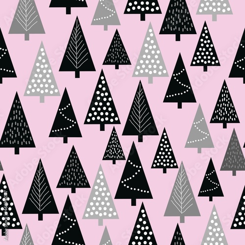 Simple Christmas pattern. Black and gray patterned Christmas trees on Pink background. Holiday Vector print pattern for packaging.