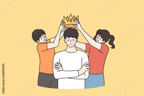 Happy loving kids play crown on young father show gratitude and care. Smiling small children award best dad, feel grateful and thankful. Good parent example, upbringing. Vector illustration. 