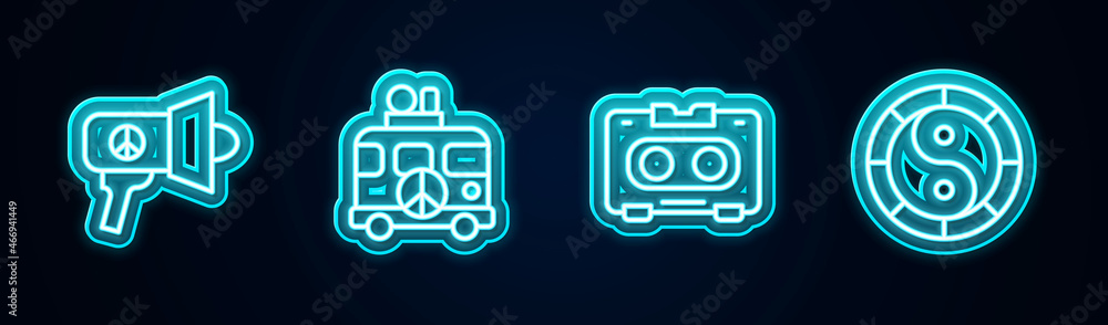 Set line Megaphone, Hippie camper van, Retro audio cassette tape and Yin Yang symbol. Glowing neon icon. Vector Set line Megaphone, Hippie camper van, Retro audio cassette tape and Yin Yang symbol. Glowing neon icon. Vector