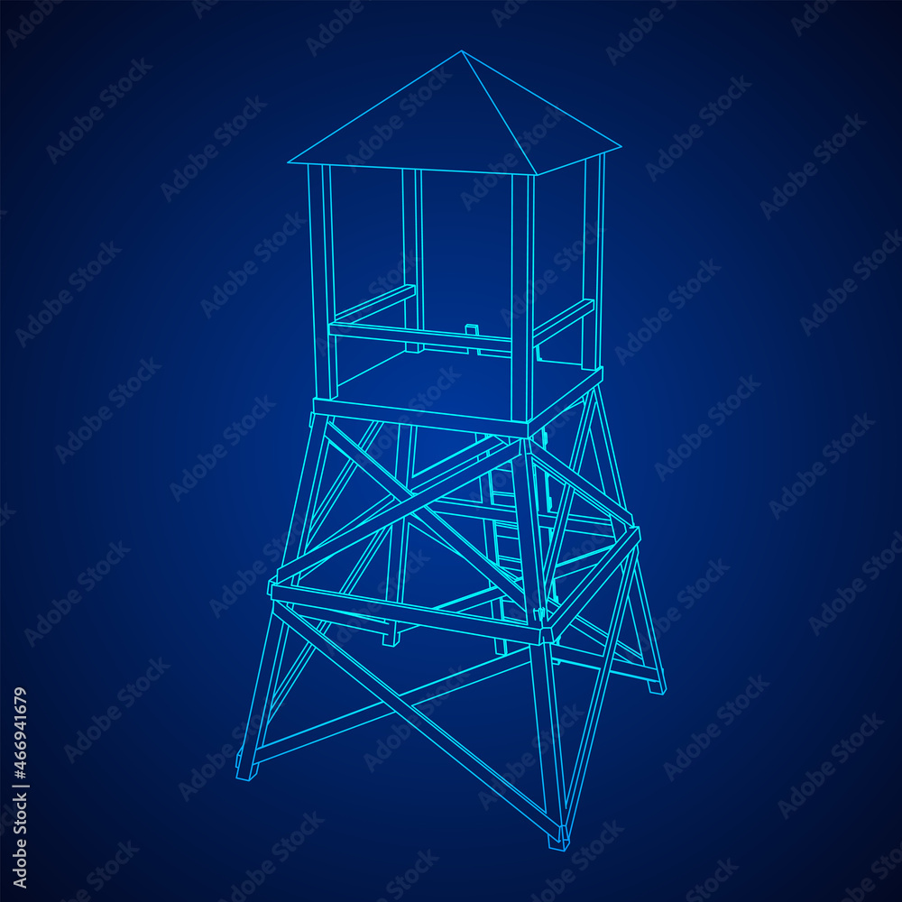 Watchtower or observation tower for hunters. Wireframe low poly mesh vector illustration. Watchtower or observation tower for hunters. Wireframe low poly mesh vector illustration.