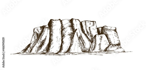 Mountain ridge or natural landmark hand drawn in vintage engraving style. Beautiful retro drawing of rock cliff, plateau or tableland isolated on white background. Monochrome vector illustration. photo