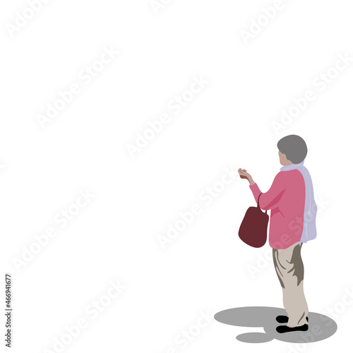 Vector isolate flat design of side view of Elderly woman has short hair, wearing brown trousers, pink coat Carry a handbag on the left arm is standing on the right corner of the white background.