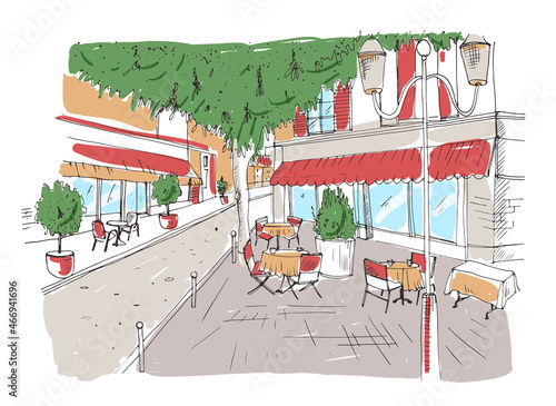 Freehand sketch of outdoor cafe or restaurant with tables covered with tableclothes and chairs standing on city street under large tree beside building. Colorful hand drawn vector illustration. photo