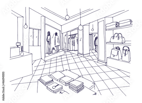 Monochrome freehand sketch of clothing showroom, boutique, trendy fashion store or apparel shop interior with shelving, counter, mannequins. Hand drawn vector illustration in black and white colors.