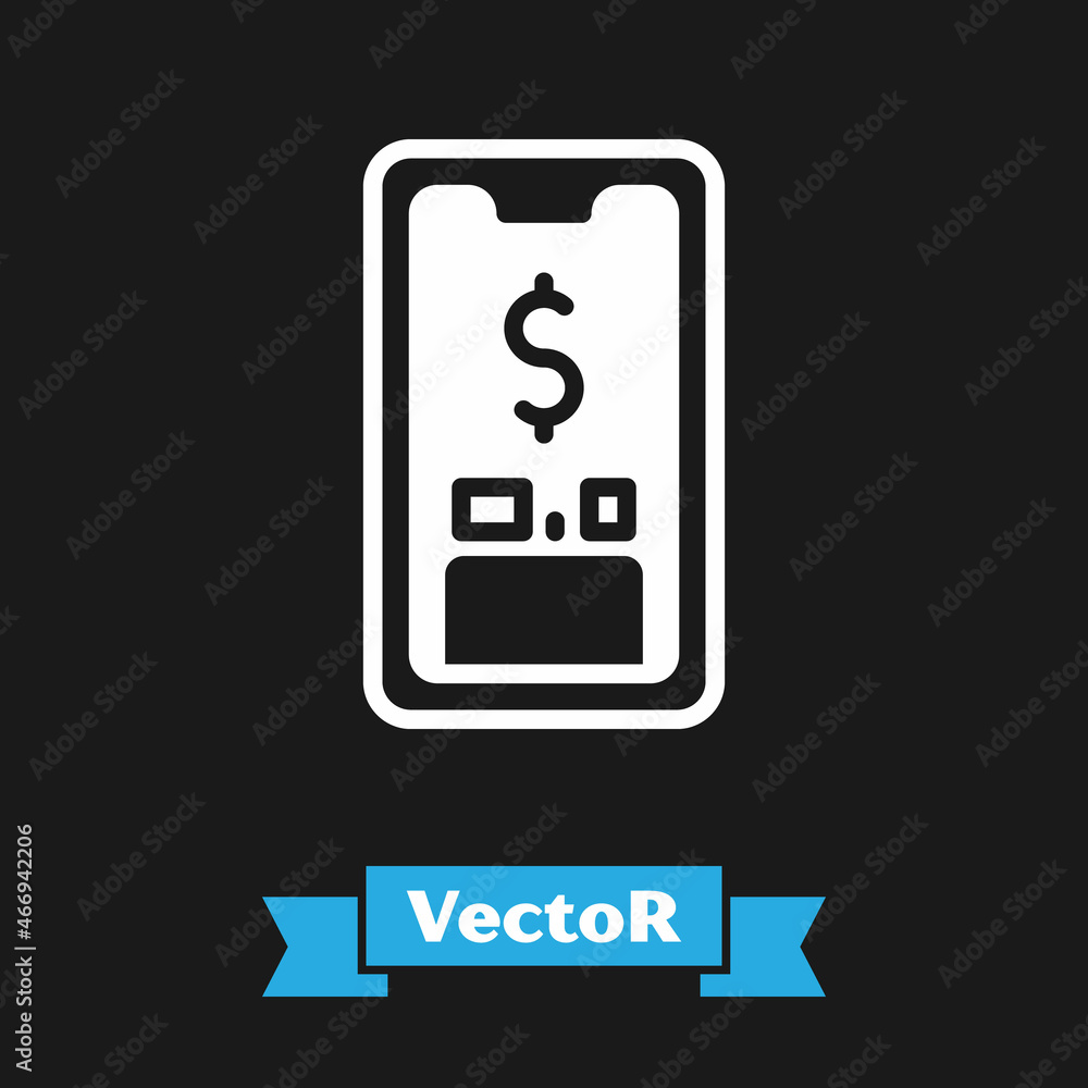 White Smartphone with dollar symbol icon isolated on black background. Online shopping concept. Financial mobile phone icon. Online payment. Vector White Smartphone with dollar symbol icon isolated on black background. Online shopping concept. Financial mobile phone icon. Online payment. Vector