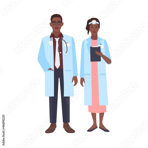 Pair of african american doctors wearing physician coats. Man and woman medics or surgeons dressed in medical uniform. Cute cartoon characters isolated on white background. Vector illustration.