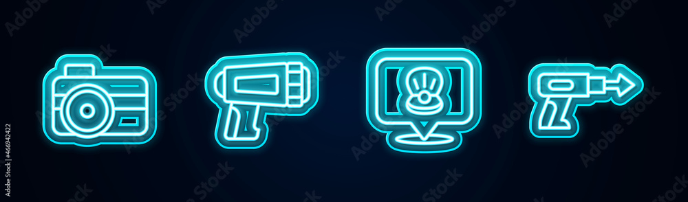 Set line Photo camera for diver, Flashlight, Scallop sea shell and Fishing harpoon. Glowing neon icon. Vector Set line Photo camera for diver, Flashlight, Scallop sea shell and Fishing harpoon. Glowing neon icon. Vector