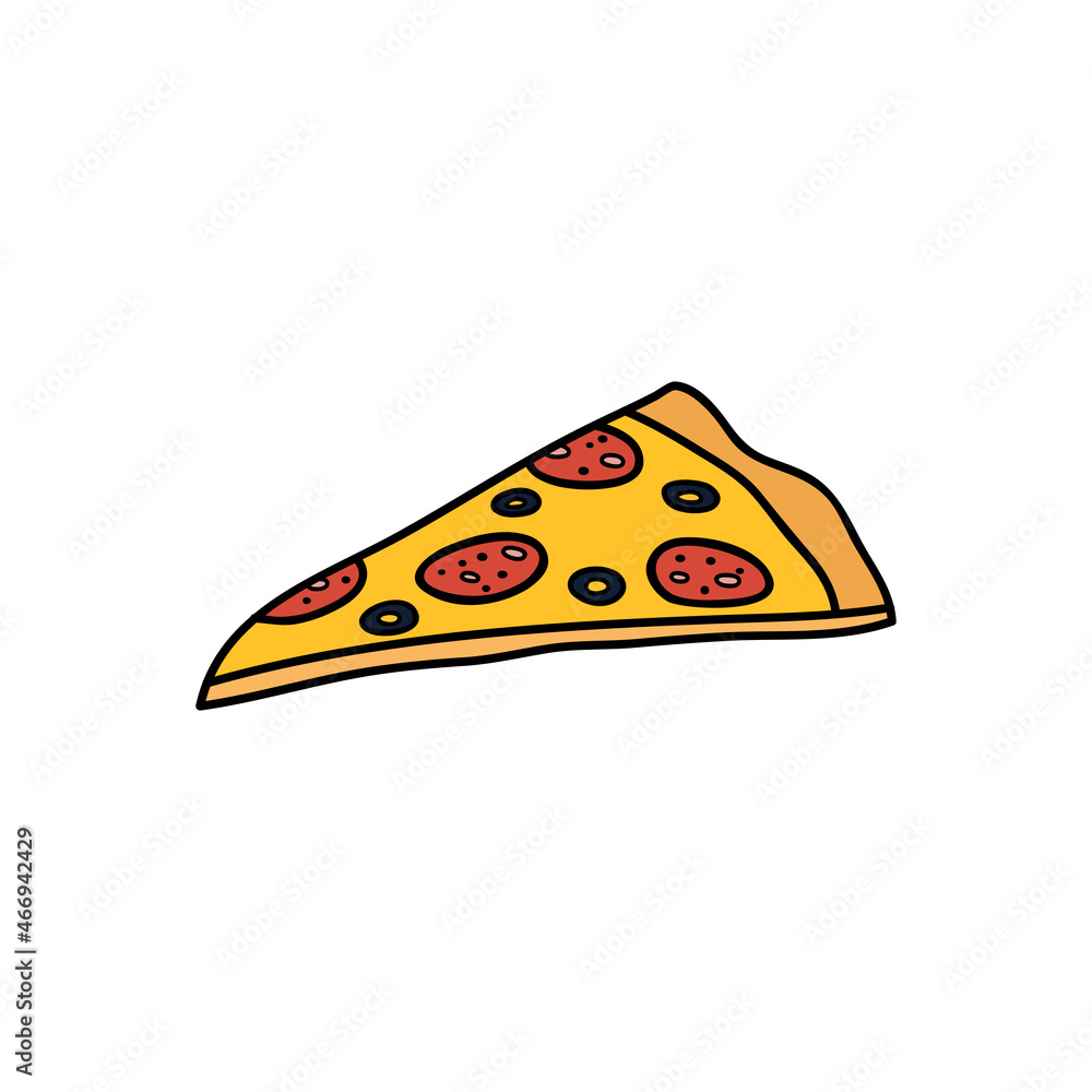 Hand drawn colored pizza slice. Hand drawn colored pizza slice.