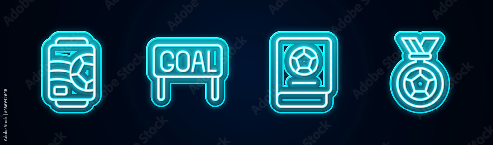 Set line Beer can, Goal soccer football, Football learning book and or medal. Glowing neon icon. Vector Set line Beer can, Goal soccer football, Football learning book and or medal. Glowing neon icon. Vector
