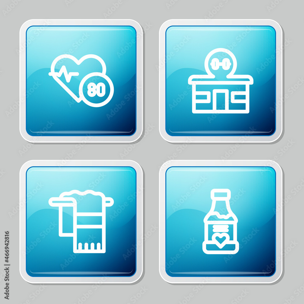 Set line Heart rate, Gym building, Towel on hanger and Vitamins icon. Vector Set line Heart rate, Gym building, Towel on hanger and Vitamins icon. Vector