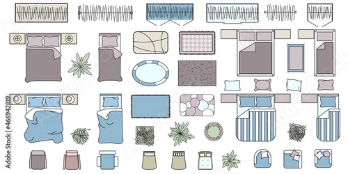 Furniture for bedroom Top view. Set of colored elements for interior design of house, apartment, flat. Architectural icons, beds, armchairs, plant, carpers. Furniture symbols. Isolated Vector 