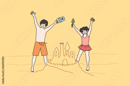Happy small children play in sand on beach enjoy summer vacation. Smiling little kids boy and girl have fun building castle on seaside on family sea holidays. Childhood concept. Vector illustration. 