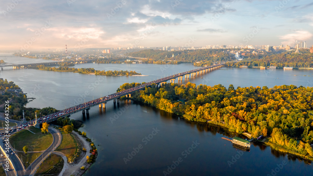 Beautiful autumn city of Kiev in the morning rays