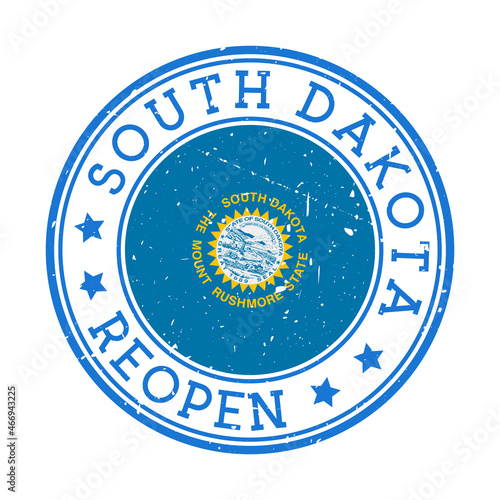 South Dakota Reopening Stamp. Round badge of US State with flag of South Dakota. Reopening after lockdown sign. Vector illustration.