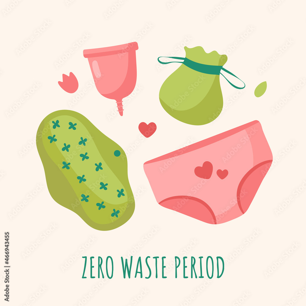 Set of reusable hygiene products. Zero waste menstrual period. Vector illustration