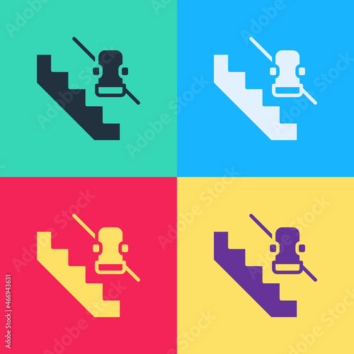 Pop art Disabled access elevator lift escalator icon isolated on color background. Movable mechanical chair platform for handicapped human. Vector