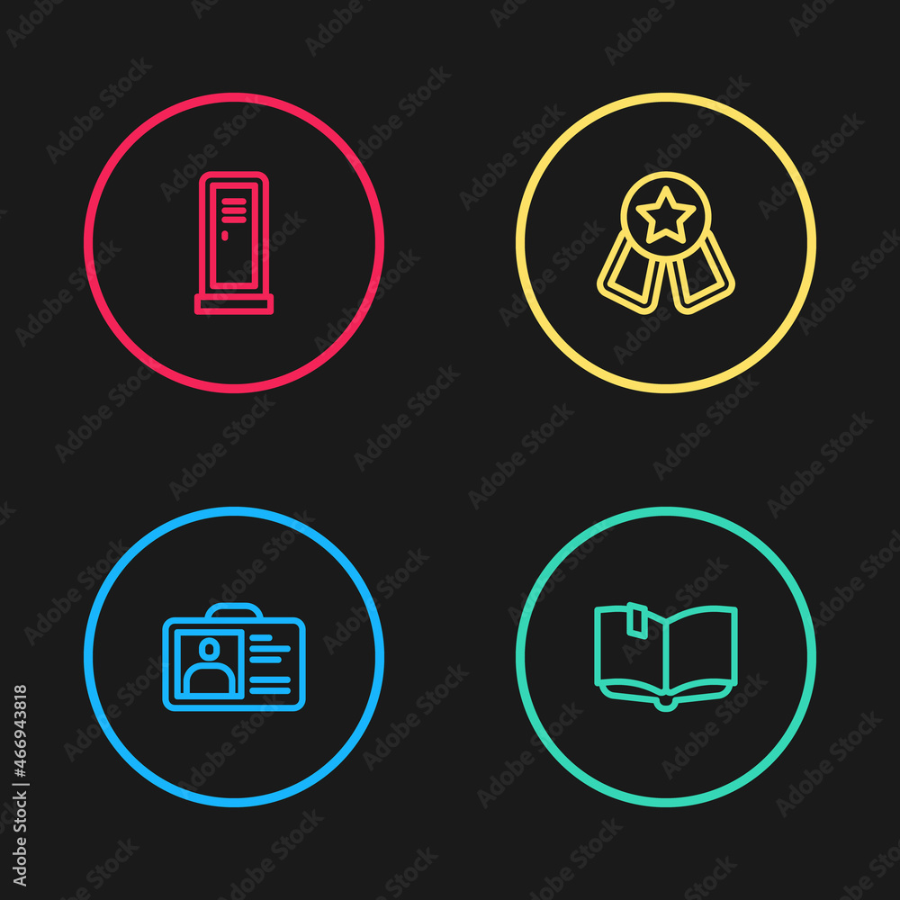 Set line Identification badge, Open book, Medal with star and Locker or changing room icon. Vector Set line Identification badge, Open book, Medal with star and Locker or changing room icon. Vector