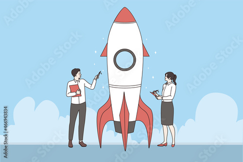 Businesspeople stand near rocket talking speaking, metaphor of starting business project. Man and woman brainstorm launch successful strategy or idea. Accomplishment. Flat vector illustration. 