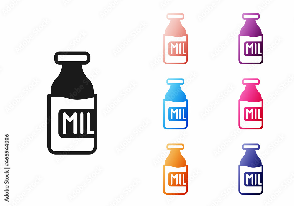 Black Closed glass bottle with milk icon isolated on white background. Set icons colorful. Vector Black Closed glass bottle with milk icon isolated on white background. Set icons colorful. Vector
