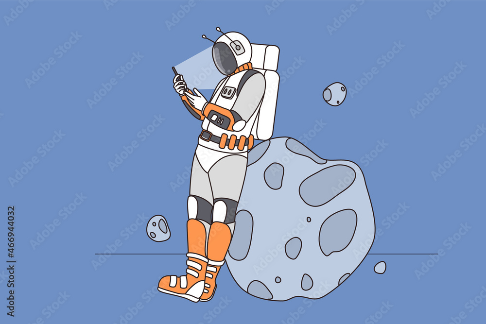Astronaut on asteroid use modern smartphone browse wireless internet in open  space. Spaceman in costume on moon text message on cellphone gadget.  Technology. Flat vector illustration. Stock Vector | Adobe Stock